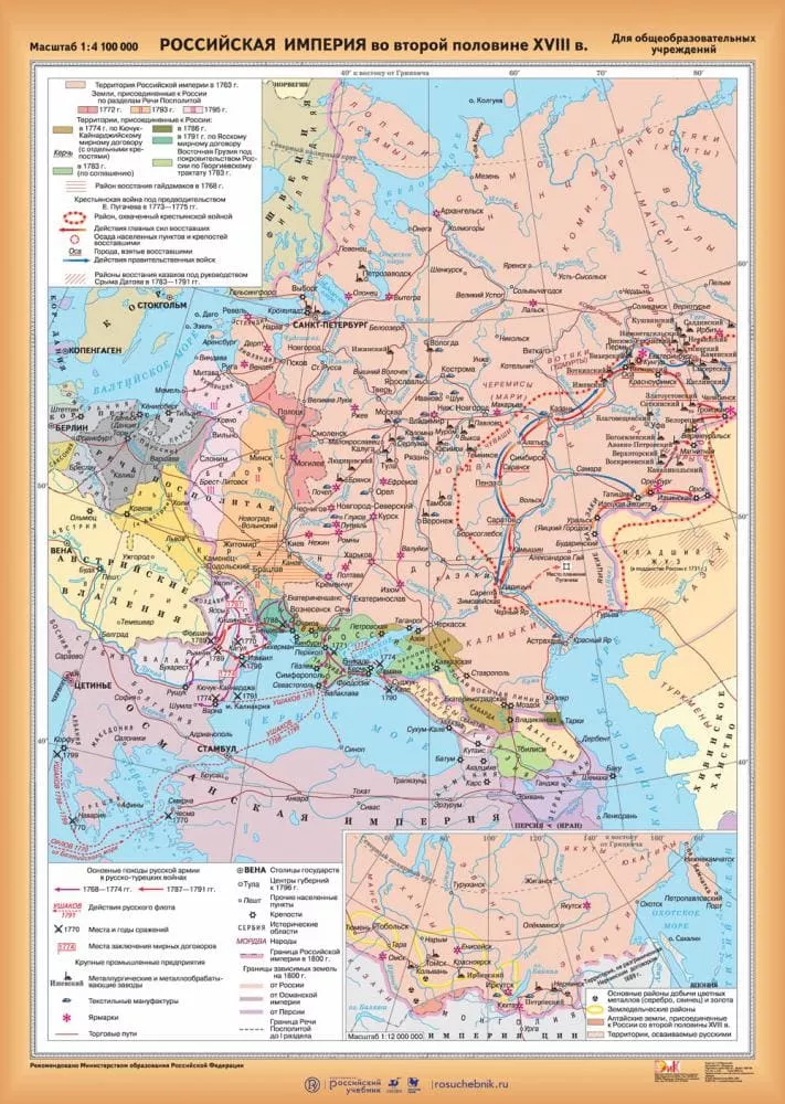 Карта двухстор. "Росс. имп.во втор. пол. XVIII в. / См. вр. в Рос.в нач. XVII в." (100х140см, лам.)
