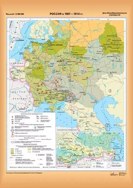 Карта двухсторонняя "Россия в 1907-1914 гг. / Революция 1905-1907 гг." (100х140см, лам.)