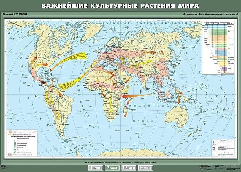 Карта "Важнейшие культурные растения мира" (100х140см, лам.)